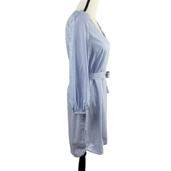 J. Crew Women's Dress Small Blue Striped Tie Waist Poplin V Neck Long Sleeve - Picture 4 of 10